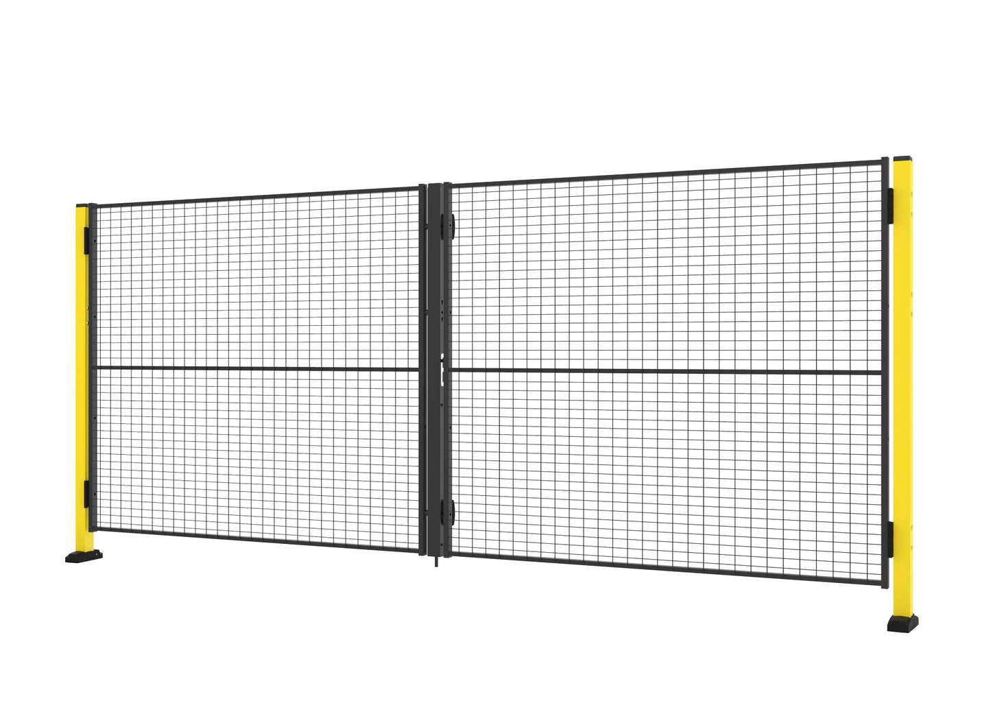 Une porte grillagée double battante sans traverse jaune et noir.