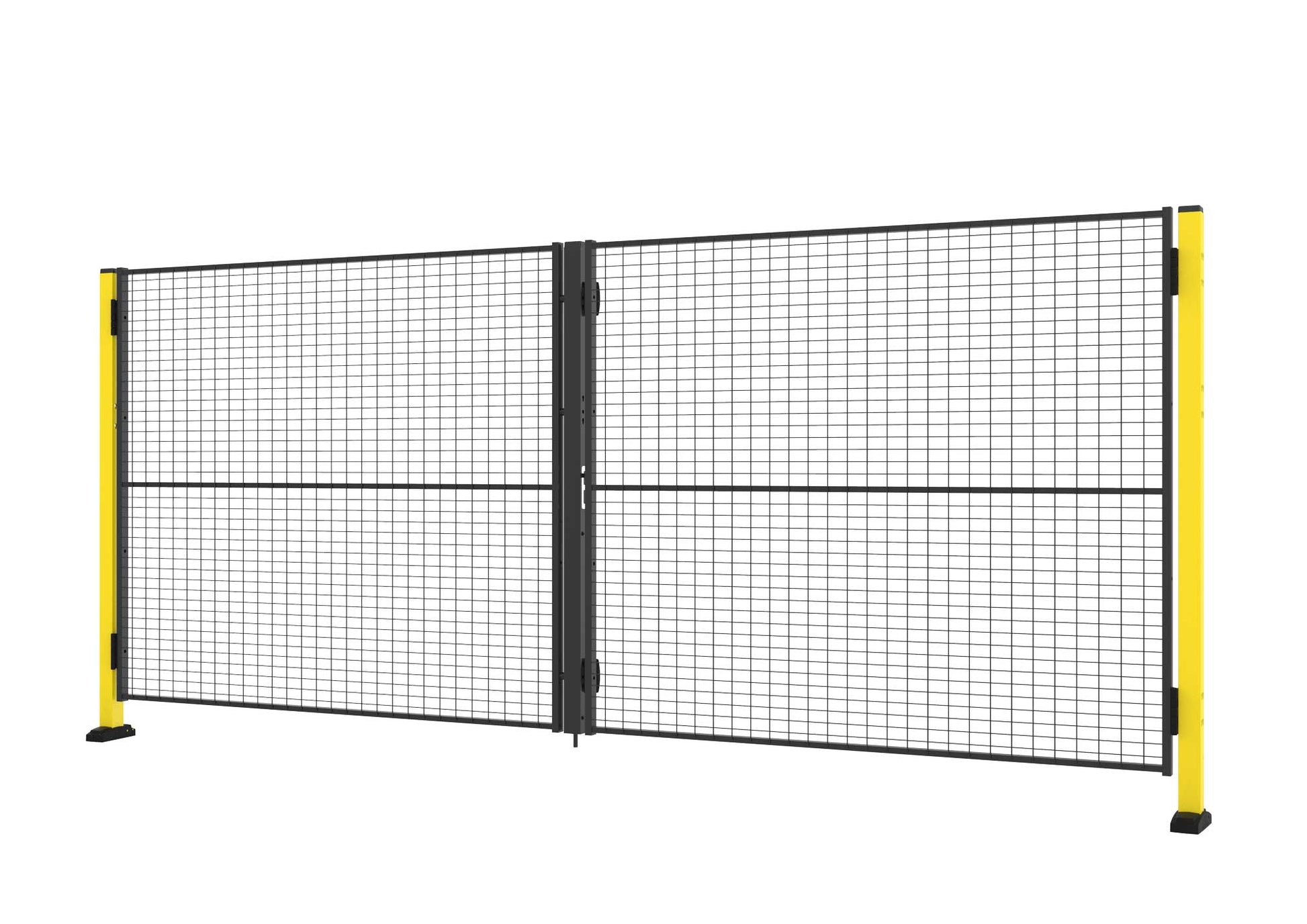Une porte grillagée double battante sans traverse jaune et noir.