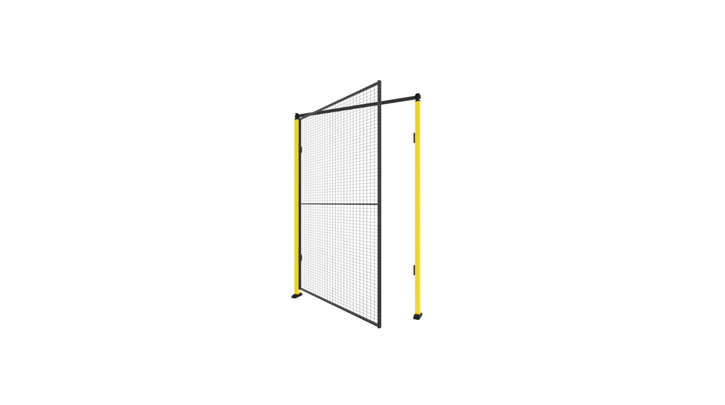 Une porte simple battante avec traverse jaune et noir.