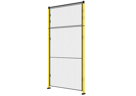Une porte simple battante avec traverse jaune et noir.