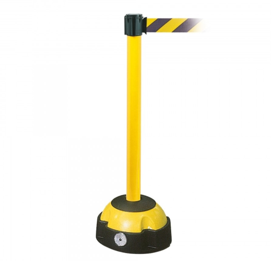 Potelet à sangle en aluminium de 985 mm de hauteur et 60 mm de diamètre jaune et noir.