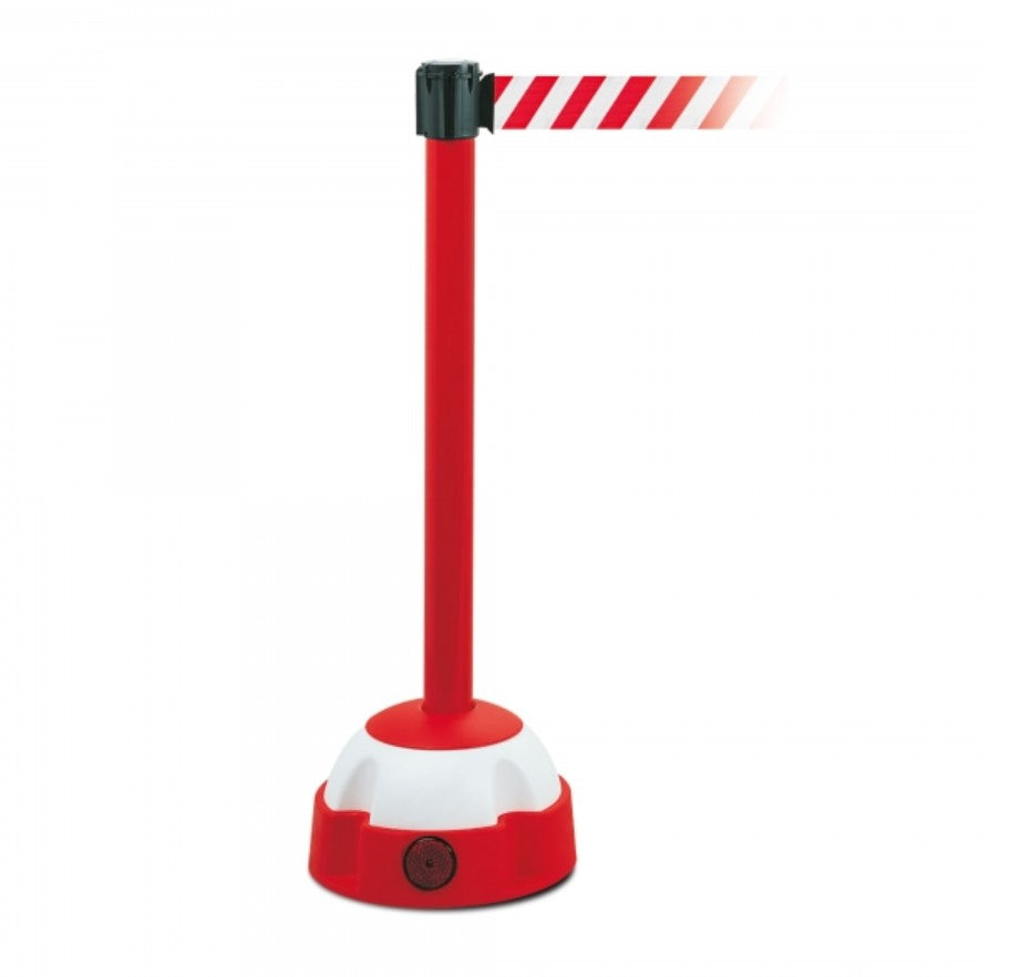 Potelet à sangle en aluminium de 985 mm de hauteur et 60 mm de diamètre rouge et blanc.