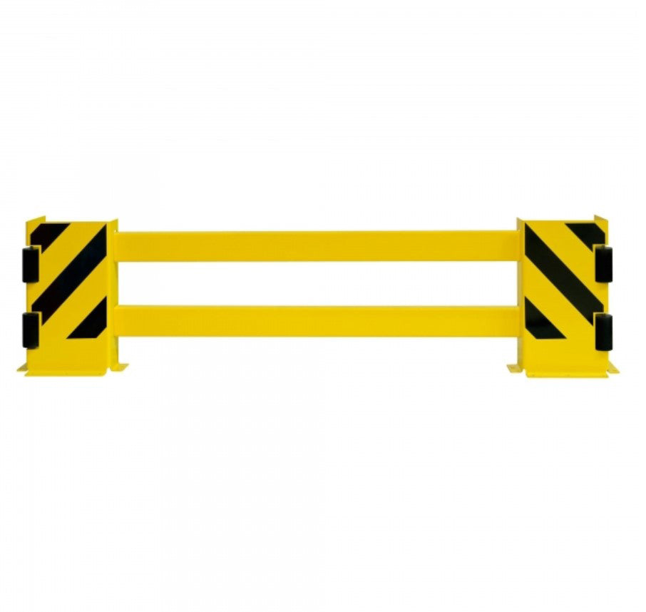 Protection de fin de rayonnages avec équerre et borne de guidage jaune et noir de 1700mm.