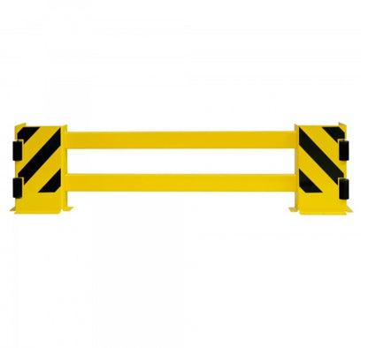 Protection de fin de rayonnages avec équerre et borne de guidage jaune et noir de 1700mm.