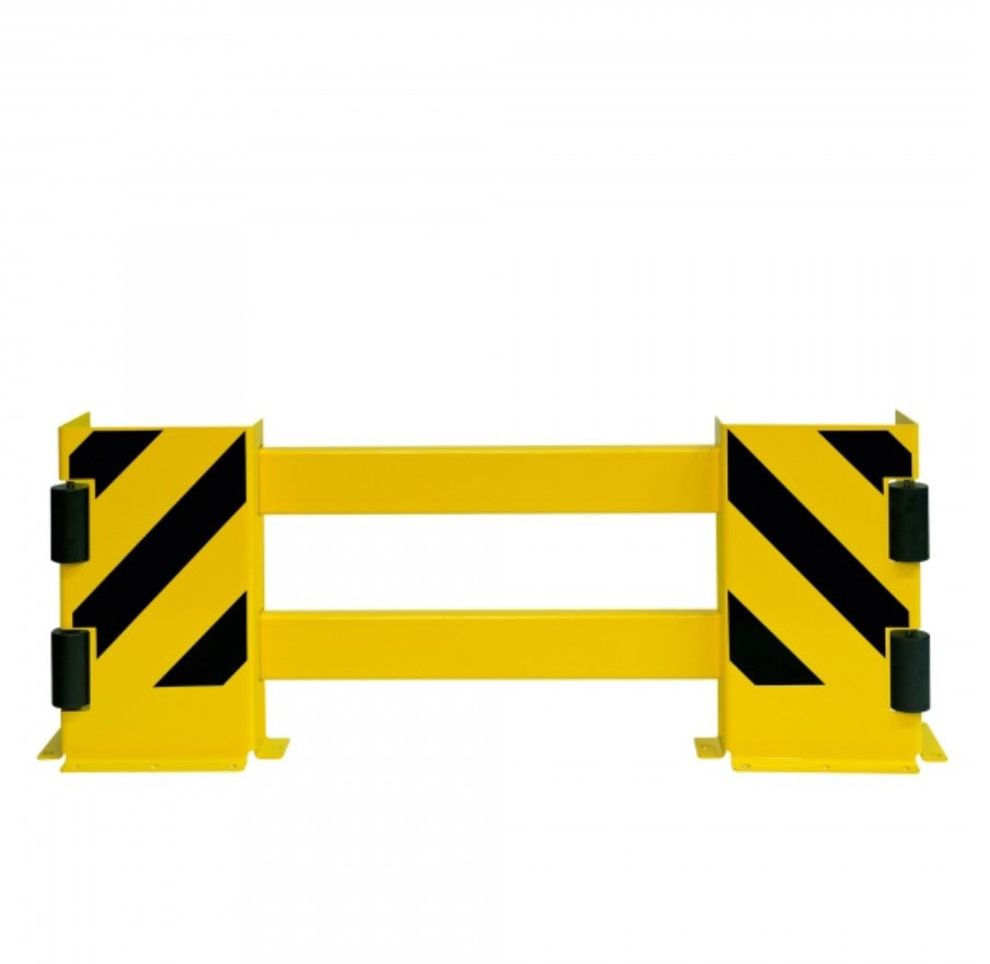 Protection de fin de rayonnages avec équerre et borne de guidage jaune et noir de 900mm.