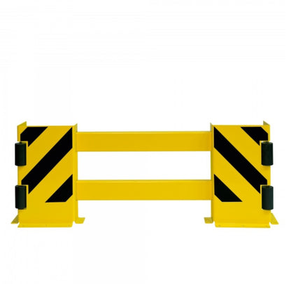 Protection de fin de rayonnages avec équerre et borne de guidage jaune et noir de 900mm.