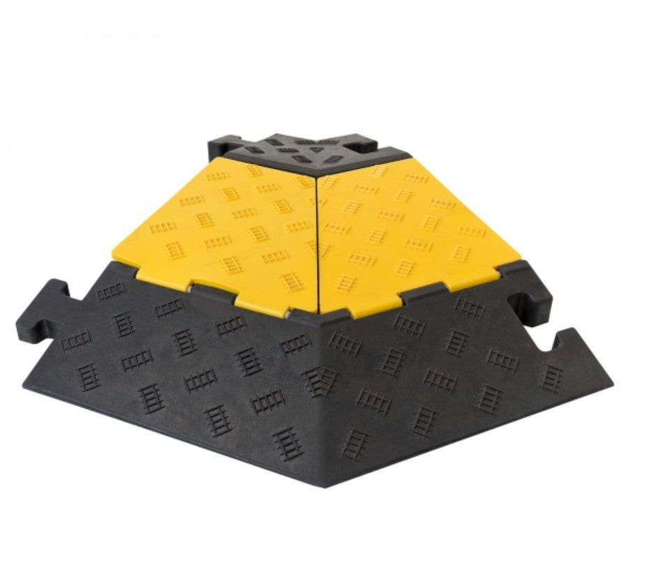 Angle-guache pour protège-câbles jaune et noir en pvc ultra-résistant.